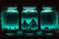 Bioluminescent fluid-preserved species in glass jars, AI Generative