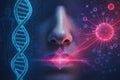 AI generated image showing a glowing human nose with DNA helix and abstract molecules symbolizing advanced scent detection biotech Royalty Free Stock Photo