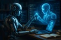 AI generated image showing a robot and human working side by side at a computer in a modern office environment symbolizing the