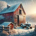 Beautiful Winter Scene Red Wooden Barn Farming Corral Pigs Chickens AI Generated Royalty Free Stock Photo