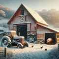 Winter Scene Red Wooden Barn farming Corral Pigs Chickens AI Generated Royalty Free Stock Photo