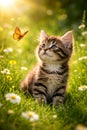 Cute Kitten Watching Butterfly In Spring Meadow With Soft Sunlight Royalty Free Stock Photo