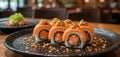 Fresh Salmon Sushi Rolls Served In Modern Restaurant Setting With Elegant Food Presentation Royalty Free Stock Photo