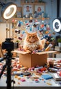 Influencer Cat Unboxing Beauty Products In Creative Studio With Ring Light And Content Creator Setup Royalty Free Stock Photo