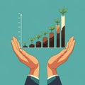 AI-Generated Image of Hands Supporting Plants with Growth Line Graph