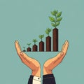 AI-Generated Image of Hands Supporting Plants with Growth Line Graph