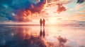 Silhouette of a couple in love on the beach at sunset, staring at the the dreamy sky. Romantic evening. Royalty Free Stock Photo