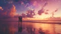 Silhouette of a couple in love on the beach at sunset, staring at the the dreamy sky. Romantic evening. Royalty Free Stock Photo