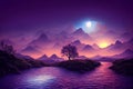 AI-generated image of silhouettes of mountains over a river under a glowing full moon