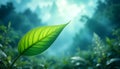 Single Green Leaf In Misty Forest With Blue Background Royalty Free Stock Photo