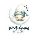 AI-generated image of a sleeping kid on the moon with the text "sweet dreams little one" Royalty Free Stock Photo