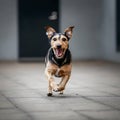 AI-Generated Image of a Small Dog with Black and Tan Fur Running on a Paved Surface with a Happy Expression