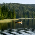 AI-Generated Image of Small Motorboat on Calm Lake Surrounded by Trees Royalty Free Stock Photo