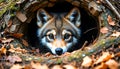 Adorable Wolf Pup Hiding Inside Autumn Forest Den Royalty Free Stock Photo