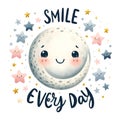 Whimsical Smiling Moon and Stars Watercolor Clipart for Nursery Decor. AI-generated Royalty Free Stock Photo