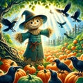Cheerful Scarecrow and Crows in a Magical Pumpkin Patch. AI-generated