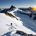 AI generated image of snow clad mountain peaks with a lone mountaineer