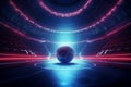 Soccer ball in futuristic stadium with neon light