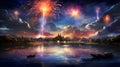 Spectacular fireworks display in a landscape, celebrating freedom and unity