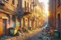 Urban Decay Street Graffiti Back Alley Scene Brick Wall Inner City Buildings AI Generated Royalty Free Stock Photo