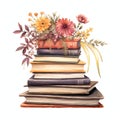 stack of books with flowers watercolor autumn time illustration for planner or DIY Royalty Free Stock Photo