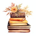 stack of books with flowers watercolor autumn time illustration for planner or DIY Royalty Free Stock Photo