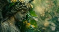 Statue of an angel with flowers in the garden. Bokeh background. Royalty Free Stock Photo