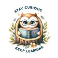 AI-generated image of a studious owl in a watercolor clipart style, promoting curiosity and learning