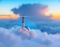Majestic Lighthouse Rising Above Dreamy Cloudscape Panorama Royalty Free Stock Photo
