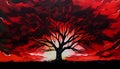 Majestic Tree Standing Tall Against Vibrant Red Sky, Made with Generative AI