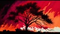 Majestic Tree Standing Tall Against Vibrant Red Sky, Made with Generative AI