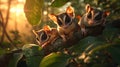 Sugar gliders in the forest with setting sun shining.