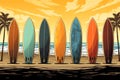 Surfboards lined up along a palm fringed shore vector tropical background