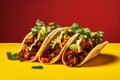 Tacos tasty fast food street food for take away on yellow background