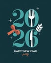 Teal 2026 New Year Party Design with Red Ribbon Fork Knife Elements for Festive Dinner Invitations Dark Background Royalty Free Stock Photo