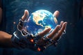 Technological Guardianship: Robot Hand Embracing the Globe
