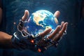 Technological Guardianship: Robot Hand Embracing the Globe Royalty Free Stock Photo