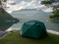 AI Generated Image of Tent Camping Beside Mountain Lake at Sunrise Royalty Free Stock Photo