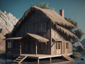 AI generated image of a thatched house just at the foothills and upon a pool of water