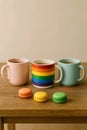 three coffee mugs with rainbow pride cup and colorful macarons on wooden table Royalty Free Stock Photo
