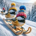 Winter Scene Of Three Chickadees Riding Snow Sleds On A Winter Ski Hill