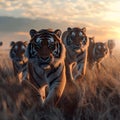 Tiger family in the savanna with setting sun shining. Royalty Free Stock Photo