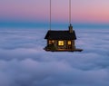 Whimsical Hanging House Above Cloudscape at Twilight: Dreamy Atmosphere Royalty Free Stock Photo