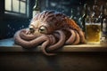 Drunk Octopus in Pub, AI Generated Royalty Free Stock Photo