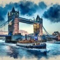 AI-generated image of Tower Bridge at blue hour during summertime and a boat passing by on the Thames River in London, UK.