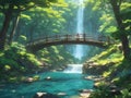 wooden bridge, waterfall and surrounded by lush and green trees