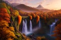 a fantastical scene reminiscent of Rivendell, the Elven realm in Autumn