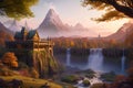 a rivendell overlooking an ethereal autumn landscape with waterfalls generated by Ai Royalty Free Stock Photo