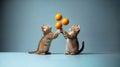two cute kitten cat juggle with oranges, isolated against an empty background