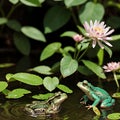 AI generated image of two frogs alongwith a flower and green leaves in a pond Royalty Free Stock Photo